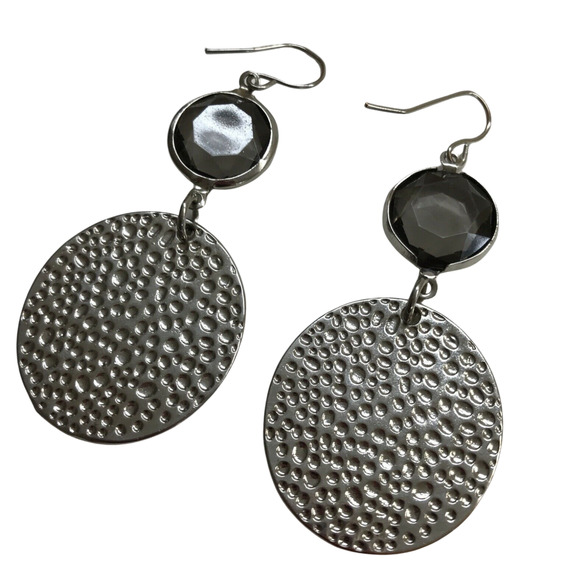 Silvertone Hammered Circle Earrings Hook Pierced 2" Drop Dangle - Picture 1 of 7